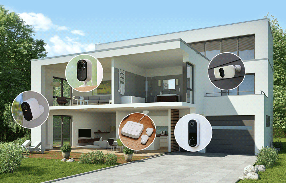 Animated image showing various Arlo security products with checkmarks.