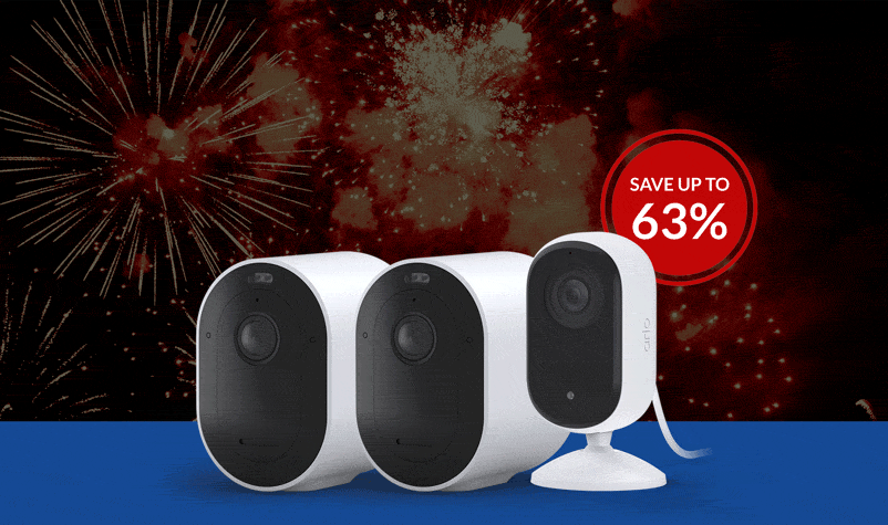 Up to 63% off. Various Arlo home security products with fireworks in the background.