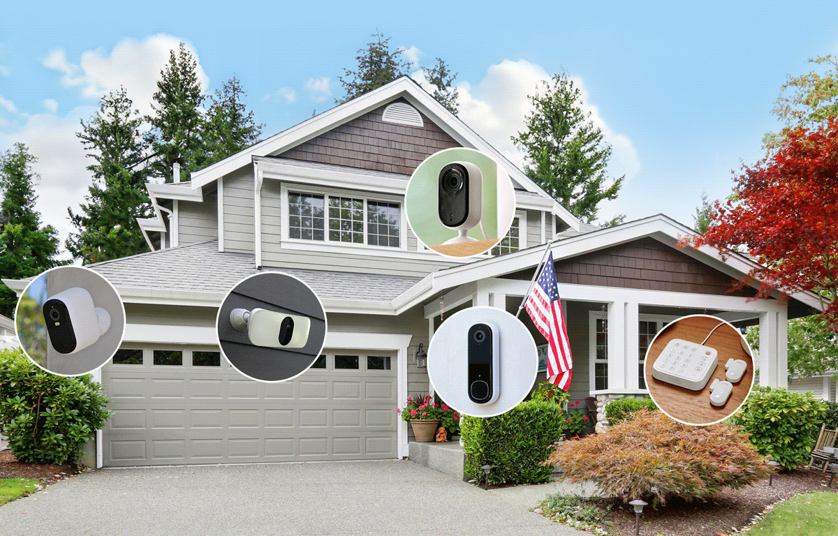 Animated image showing various Arlo security products with checkmarks.