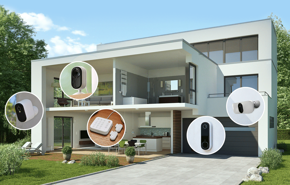 Various arlo security products with blinking circles over an image of a house.