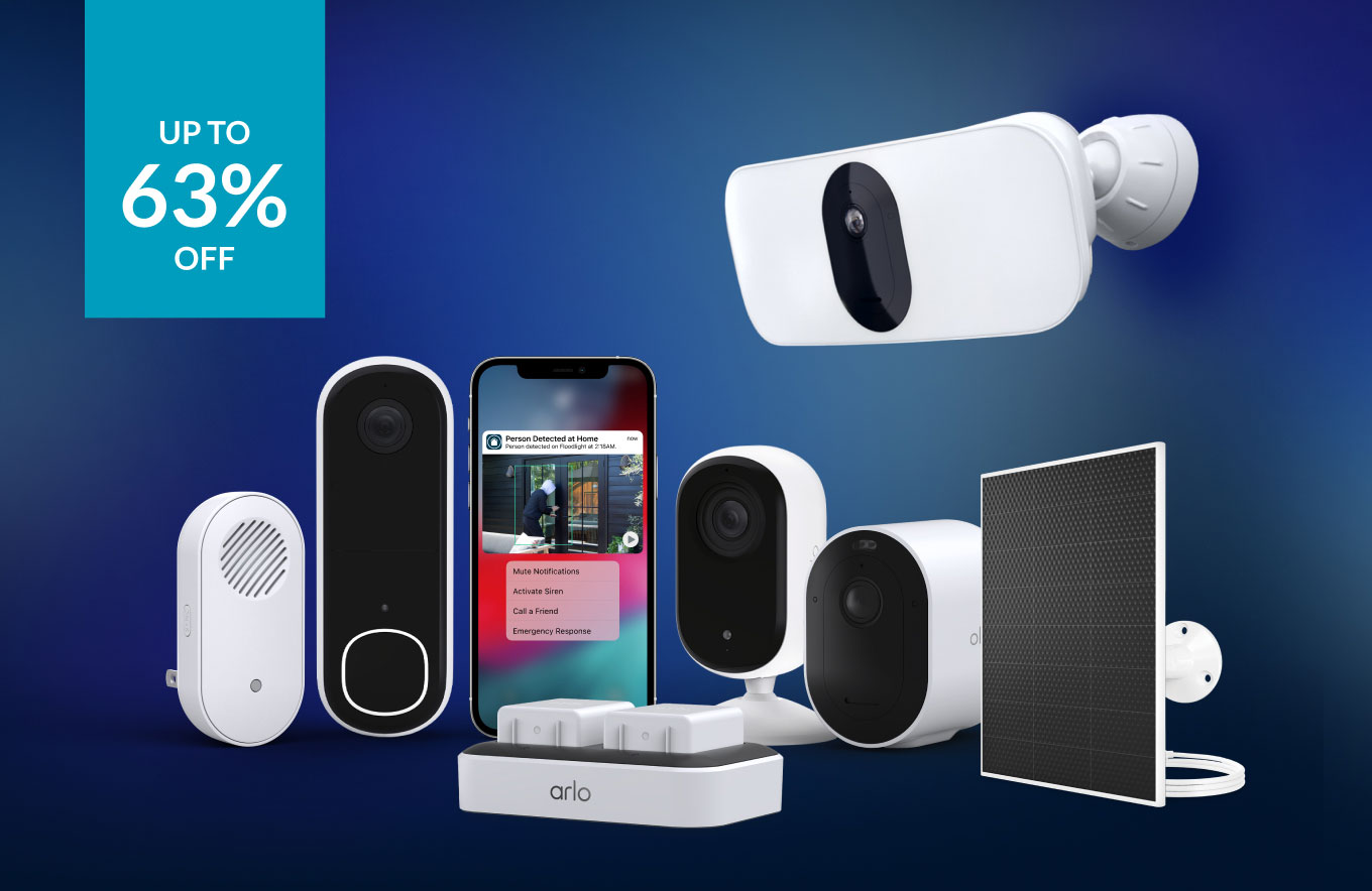 Up to 63% off. Various Arlo home security products and a phone displaying a simulated screen image of an Arlo Secure notification.