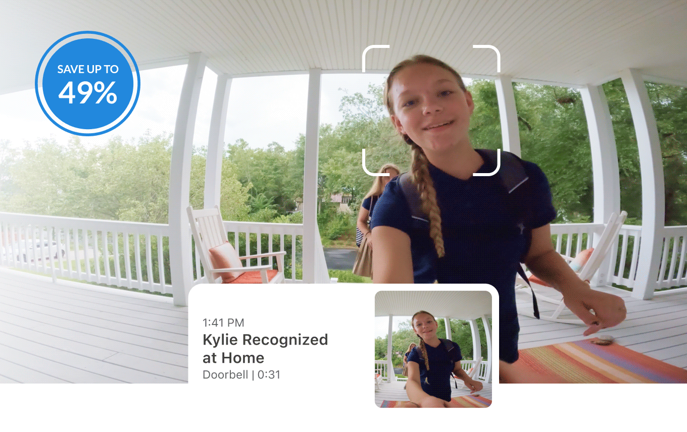 Up to 49% off. Simulated point of view image of a kid at an Arlo Video Doorbell. User interface reads: 1:41 PM, Kylie recognized at home, doorbell, 0:31.