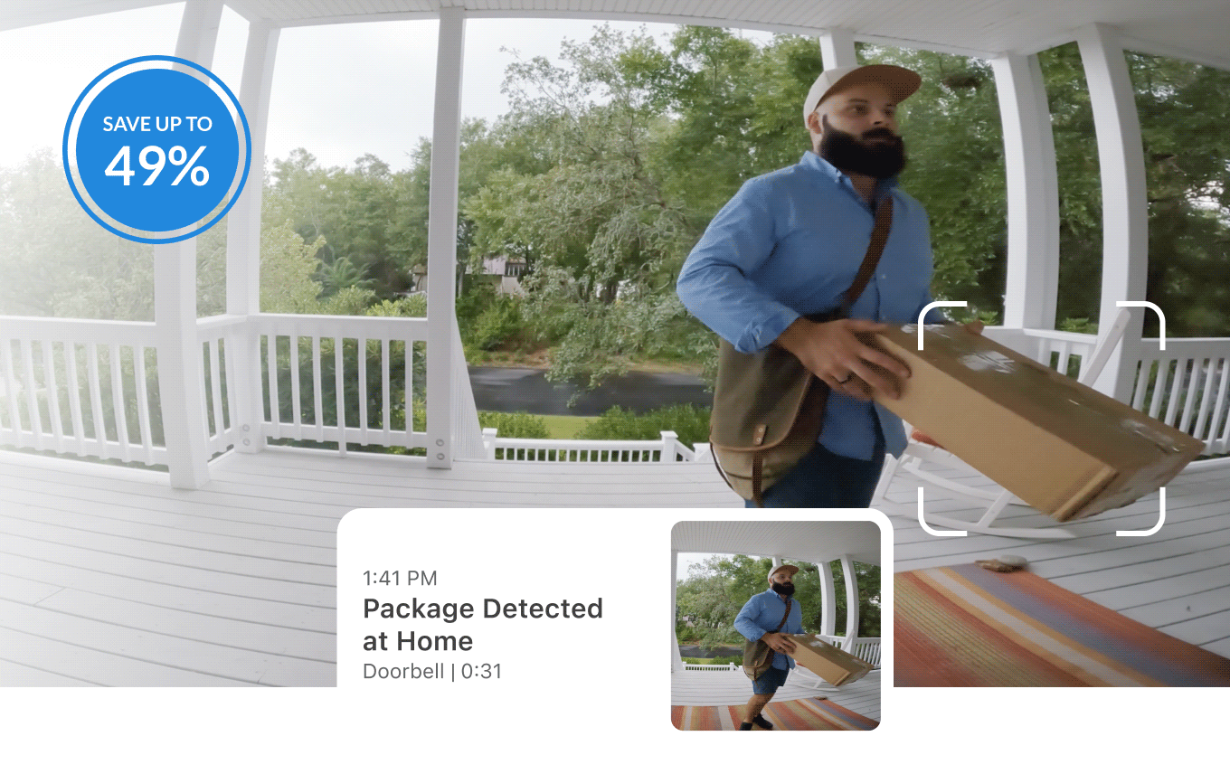 Up to 49% off. Simulated point of view image of a kid at an Arlo Video Doorbell. User interface reads: 1:41 PM, Kylie recognized at home, doorbell, 0:31.