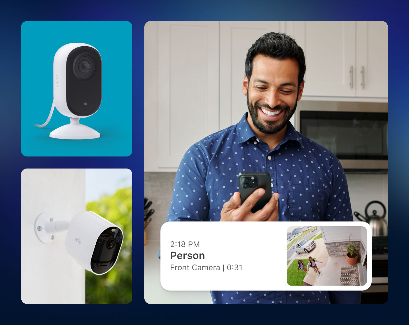 Various Arlo home security products. Simulated screen image of an event in the Arlo Secure feed overlaying an image of someone checking their phone.