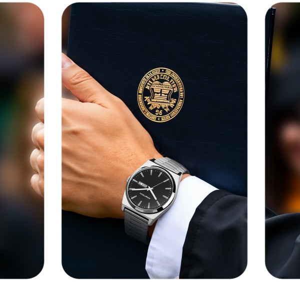 Grad holding diploma wearing the 1975 Watch