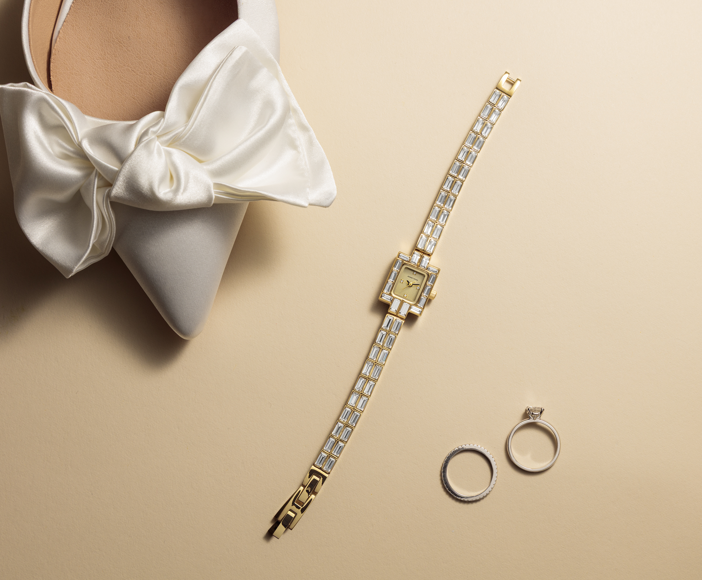 Image of Ava watch with wedding rings and wedding shoe 