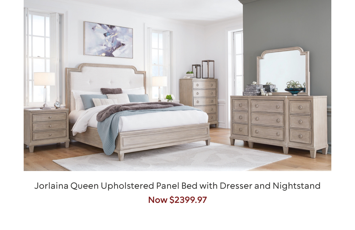 Jorlaina Queen Upholstered Panel Bed with Dresser and Nightstand