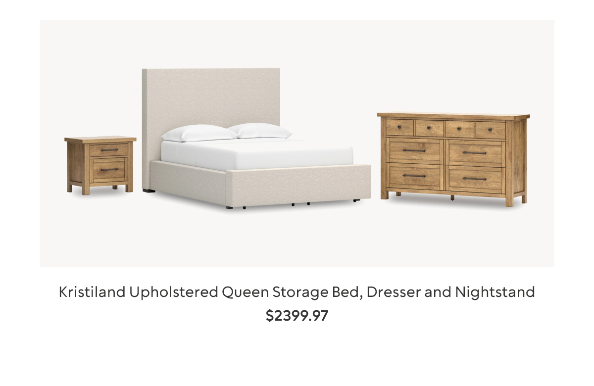 Kristiland King Upholstered Storage Bed with Dresser and Nightstand
