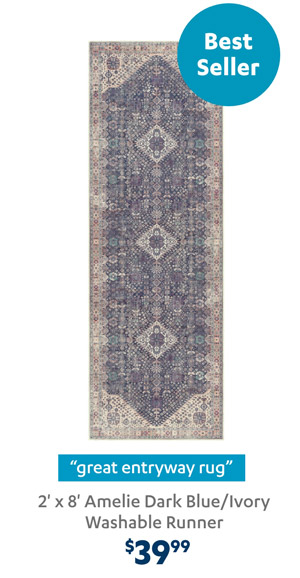 2' x 8' Amelie Dark Blue/Ivory Washable Runners