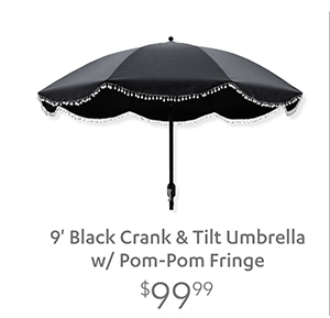 9' Black Crank & Tilt Umbrella w/ Pom-pom Fringe