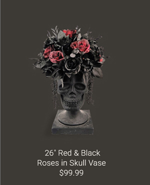 26" Red & Black Roses in Skull Vase
