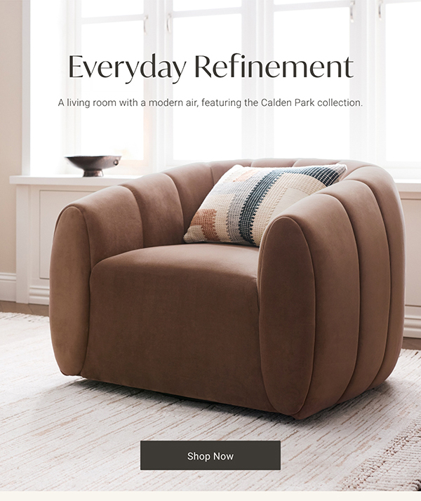 Everyday Refinement: A living room with a modern air, featuring the Calden Park collection. | Shop Now >