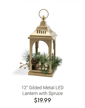 12" Gilded Metal LED Lantern with Spruce