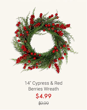 14" Cypress & Red Berries Wreath