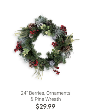 24" Berries, Ornaments & Pine Wreath