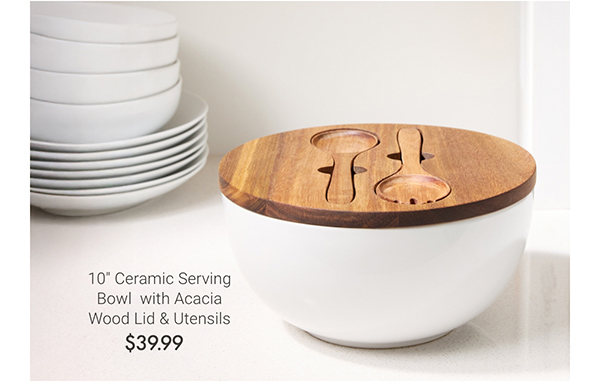 10" Ceramic Serving Bowl with Acacia Wood Lid & Utensils