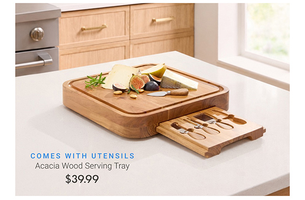 Acacia Wood Serving Tray (Comes with Utensils) 