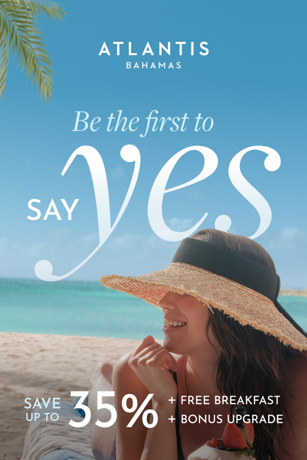 Woman relaxing on a white-sand beach at Atlantis Paradise Island with text promoting up to 35% off, free daily breakfast for two, and a bonus room upgrade.