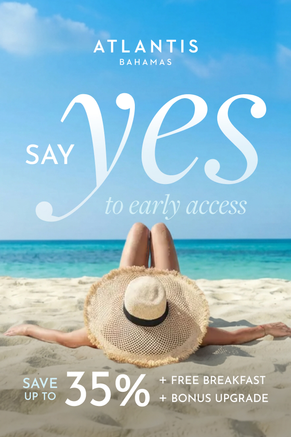 Woman relaxing on a white-sand beach at Atlantis Paradise Island with text promoting up to 35% off, free daily breakfast for two, and a bonus room upgrade.