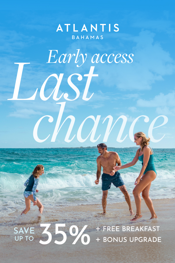 Woman relaxing on a white-sand beach at Atlantis Paradise Island with text promoting up to 35% off, free daily breakfast for two, and a bonus room upgrade.
