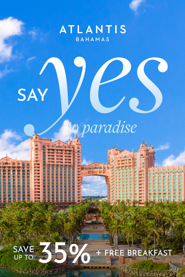 Woman relaxing on a white-sand beach at Atlantis Paradise Island with text promoting up to 35% off, free daily breakfast for two, and a bonus room upgrade.