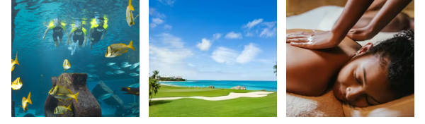 Animated images showing Atlantis experiences including tennis, dolphin encounters, golf, and family activities.