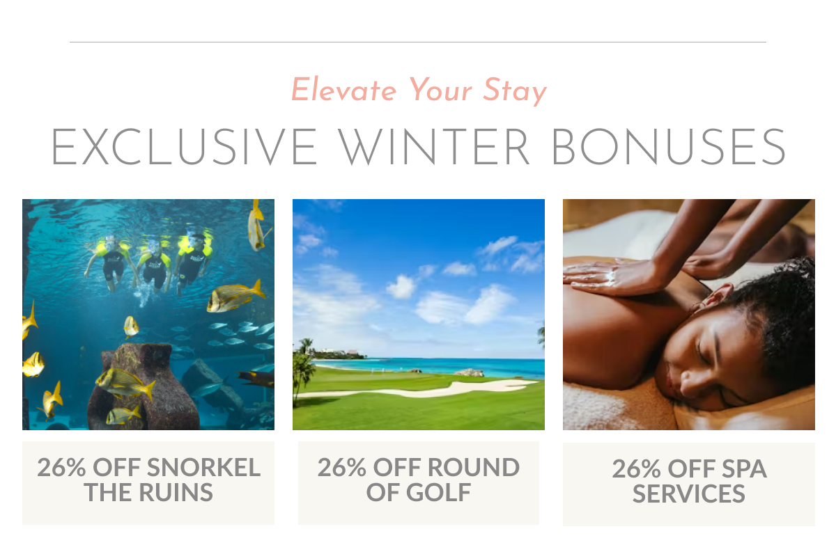 Animated images showing Atlantis experiences including tennis, dolphin encounters, golf, and family activities.