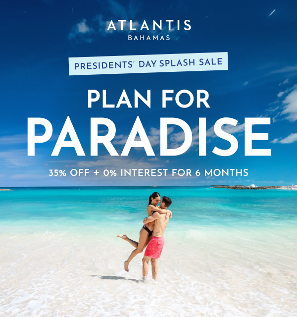 Woman and man on a white-sand beach at Atlantis Paradise Island with text promoting 35% off