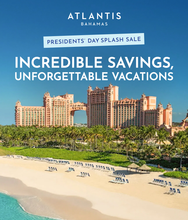 Woman and man walking on a white-sand beach at Atlantis Paradise Island with text promoting up to 35% off, free daily breakfast for two, and a bonus room upgrade.