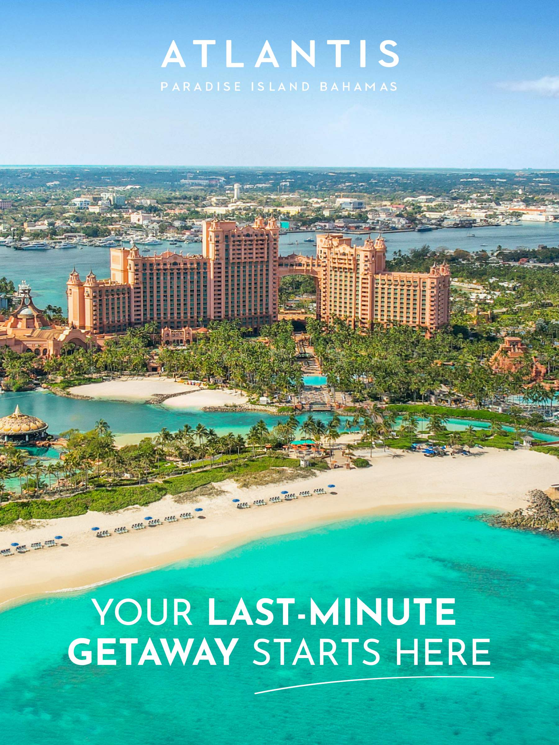 Woman and man walking on a white-sand beach at Atlantis Paradise Island with text promoting up to 35% off, free daily breakfast for two, and a bonus room upgrade.