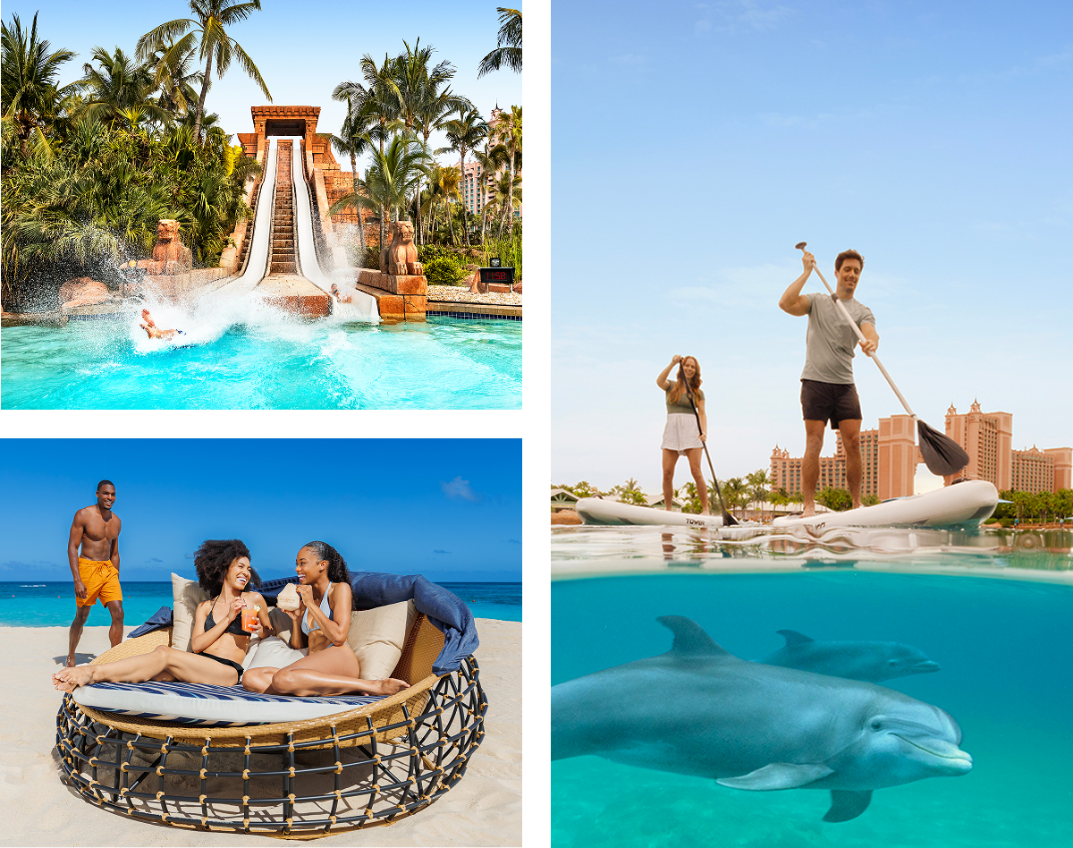 Grid showcasing a water slide splashdown, friends on a beach daybed, and paddleboarders above a dolphin.