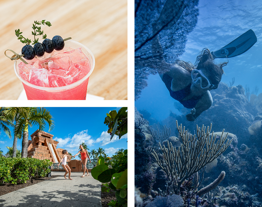 Collage of a pink cocktail garnished with blueberries, a woman snorkeling, and a family by a Mayan-themed water slide.