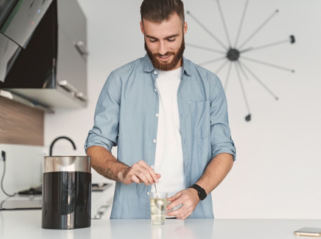 Man making tea with Atla water.