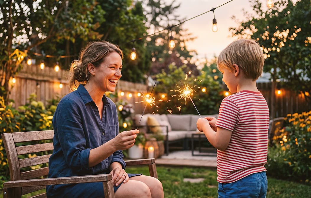 Mother and son hold sparklers in backyard.