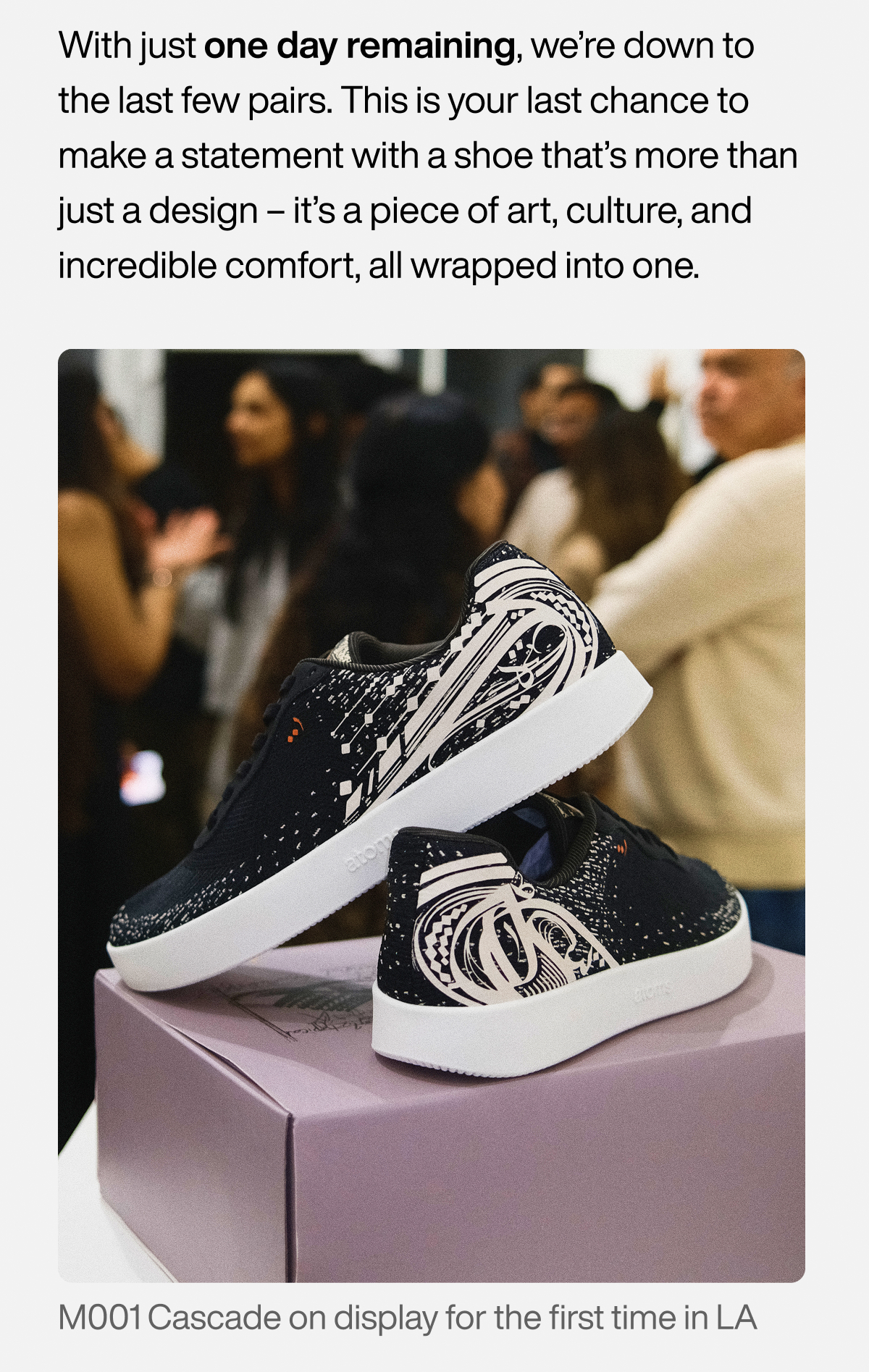 With just one day remaining, we’re down to the last few pairs. This is your last chance to make a statement with a shoe that’s more than just a design – it’s a piece of art, culture, and incredible comfort, all wrapped into one. Image of M001 Cascade on display for the first time in LA.