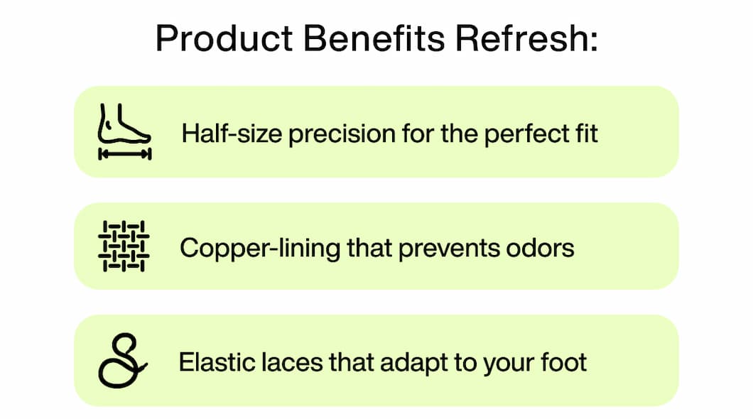 Product Benefits Refresh:Half-size precision for the perfect fit. Copper-lining that prevents odors. Elastic laces that adapt to your foot