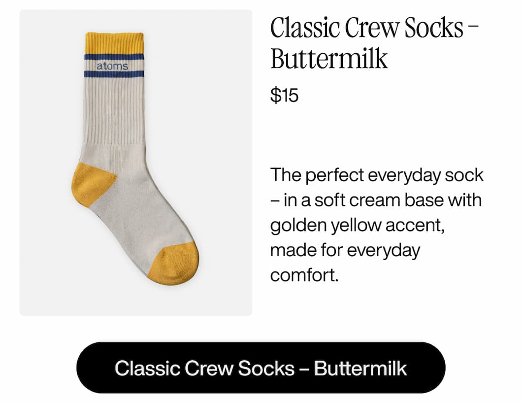 Classic Crew Socks – Buttermilk – $15. The perfect everyday sock – in a soft cream base with golden yellow accent, made for everyday comfort. Classic Crew Socks – Buttermilk