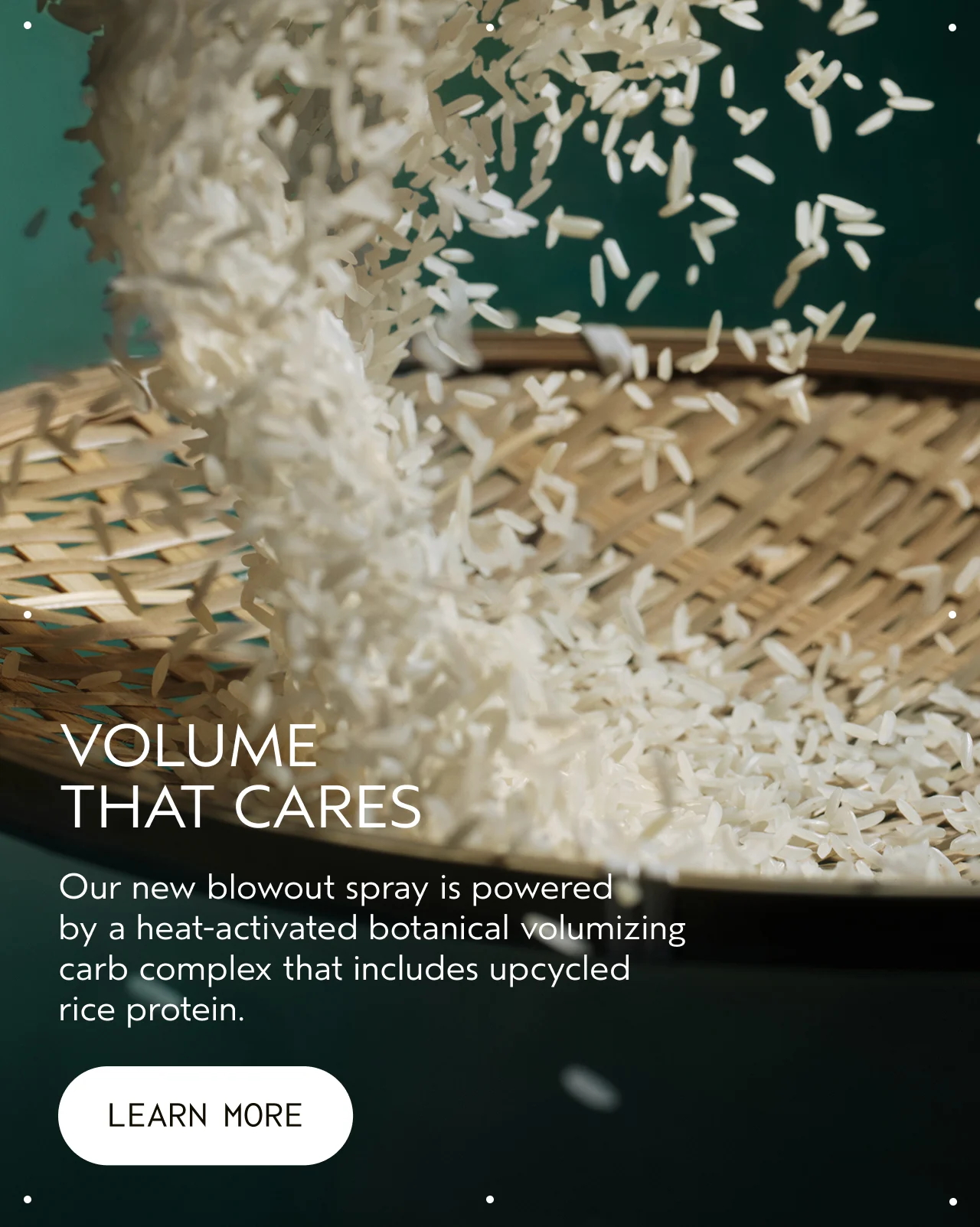 VOLUME THAT CARES Our new blowout spray is powered by a heat-activated botanical volumizing carb complex that includes upcycled rice protein.