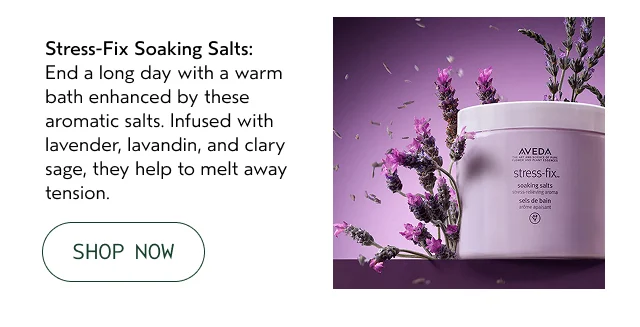 Stress-Fix Soaking Salts: End a long day with a warm bath enhanced by these aromatic salts. Infused with lavender, lavandin, and clary sage, they help to melt away tension.