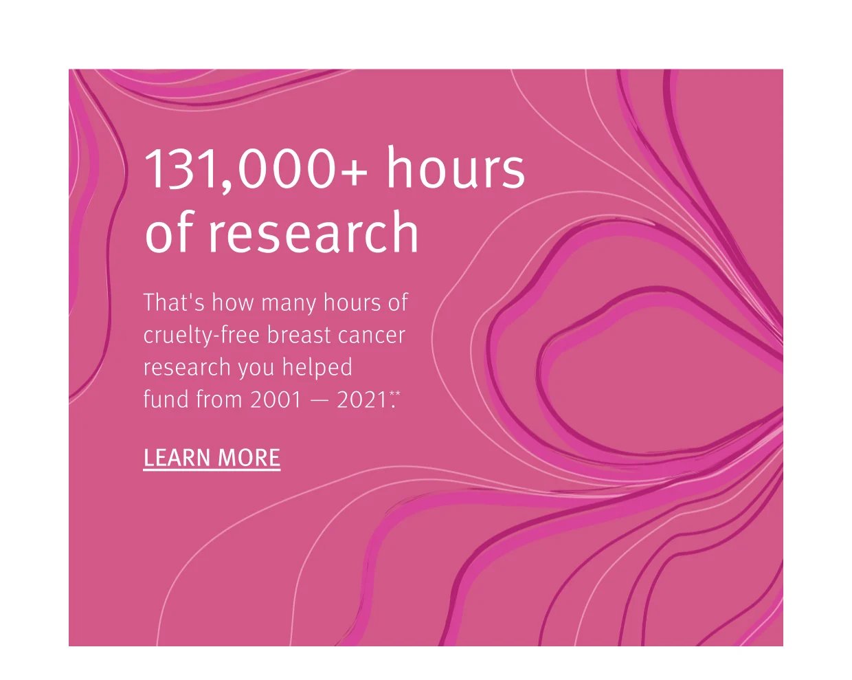 131,000+ hours of research Thats how many hours of cruelty-free breast cancer research you helped fund from 2001-2021.