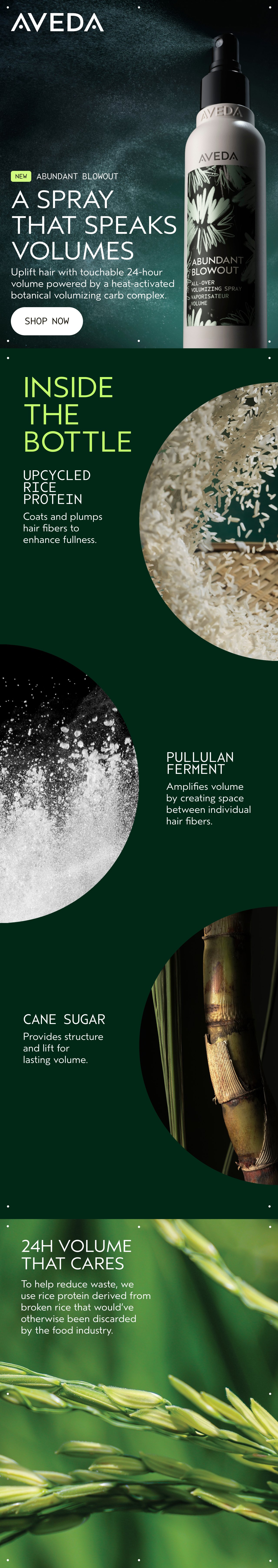 NEW ABUNDANT BLOWOUT A SPRAY THAT SPEAKS VOLUMES Uplift hair with touchable 24-hour volume powered by a heat-activated botanical voluminizing carb complex. SHOP NOW