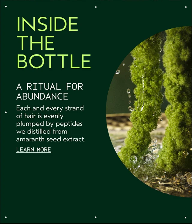 INSIDE THE BOTTLE A RITUAL FOR ABUNDANCE Each and every strand of hair is evenly plumped by peptides we distilled from amaranth seed extract. LEARN MORE