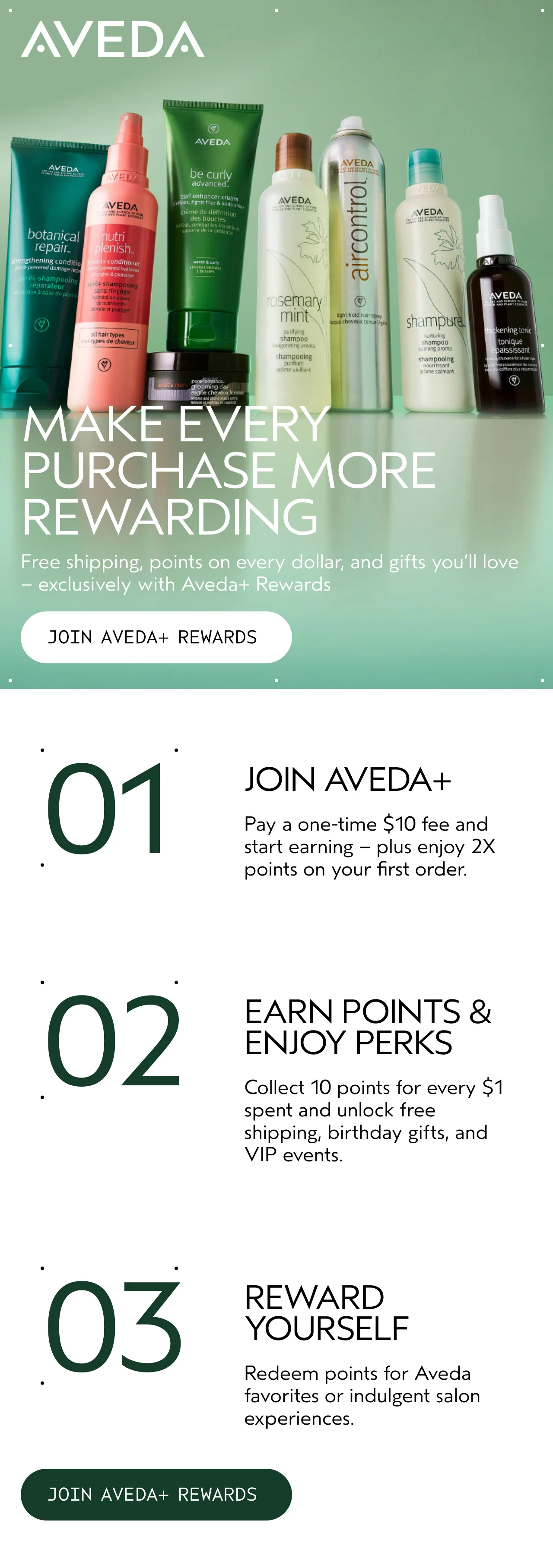 MAKE EVERY PURCHASE MORE REWARDING Free shipping, points on every dollar, and gifts you'll love — exclusively with Aveda+ Rewards JOIN AVEDA+ REWARDS