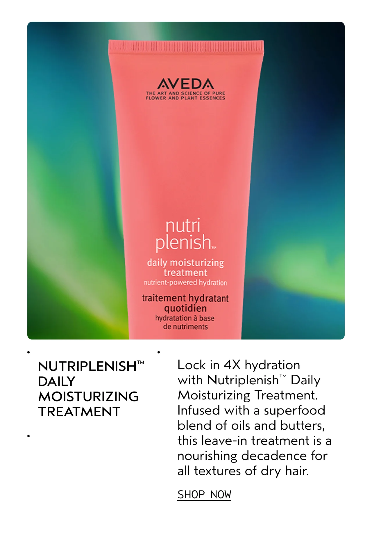NUTRIPLENISH DAILY MOISTURIZING TREATMENT Lock in 4X hydration with Nutriplenish Daily Moisturizing Treatment. Infused with a superfood blend of oils and butters, this leave-in treatment is a nourishing decadence for all textures of dry hair. SHOP NOW