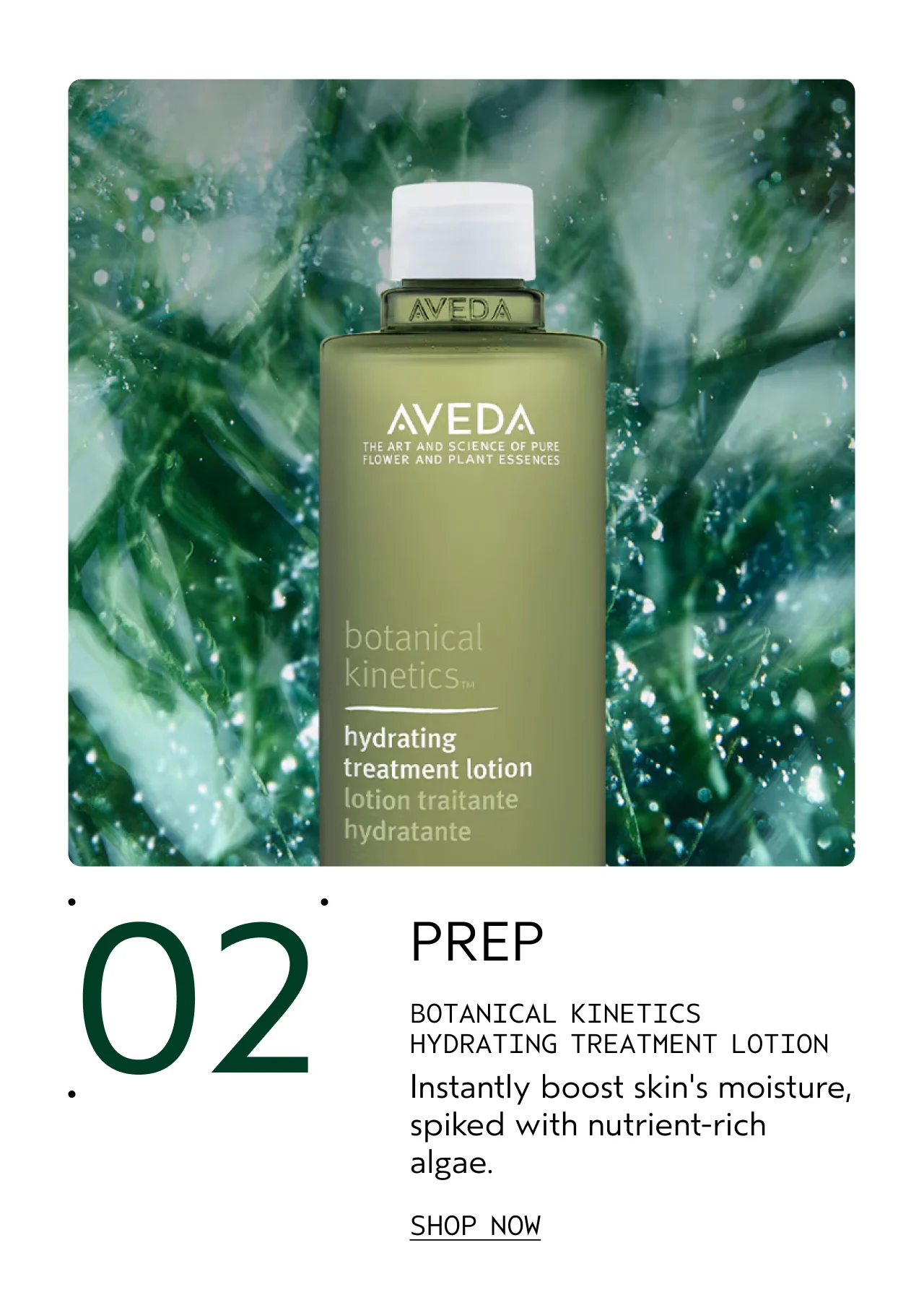 02 PREP BOTANICAL KINETICS HYDRATING TREATMENT LOTION Instantly boost skin's moisture, spiked with nutrient-rich algae. SHOP NOW