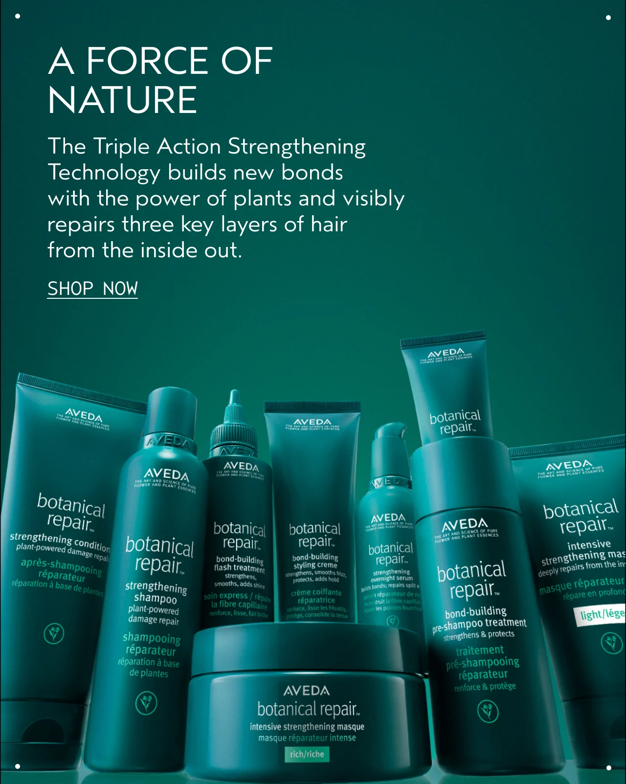 A FORCE OF NATURE The Triple Action Strengthening Technology builds new bonds with the power of plants and visibly repairs three key layers of hair from the inside out. SHOP NOW