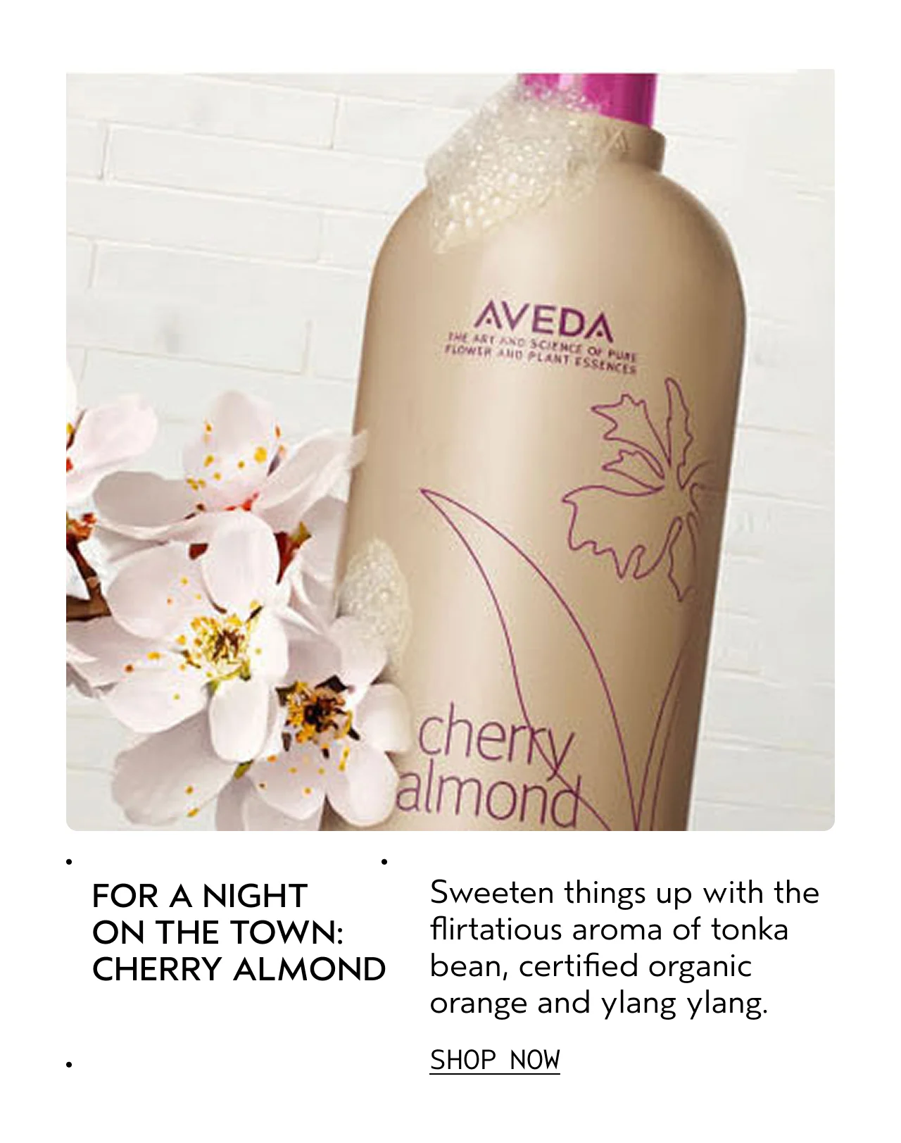 FOR A NIGHT ON THE TOWN: CHERRY ALMOND Sweeten things up with the flirtatious aroma of tonka bean, certified organic orange and ylang ylang. SHOP NOW