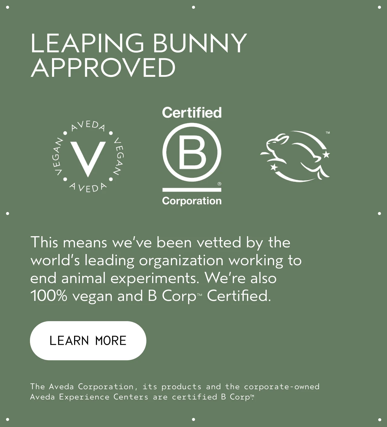 LEAPING BUNNY APPROVED This means we've been vetted by the world's leading organization working to end animal experiments. We're also 100% vegan and B Corp Certified. LEARN MORE