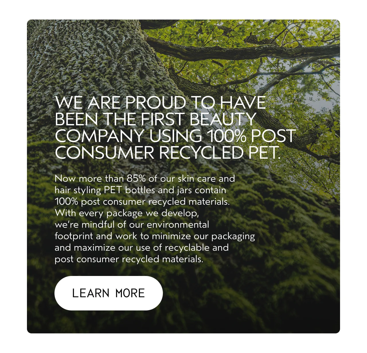 WE ARE PROUD TO HAVE BEEN THE FIRST BEAUTY COMPANY USING 100% POST CONSUMER RECYCLED PET. Now more than 85% of our skin care and hair styling PET bottles and jars contain 100% post consumer recycled materials. With every package we develop, we're mindful of our environmental footprint and work to minimize our packaging and maximize our use of recyclable and post consumer recycled materials. LEARN MORE