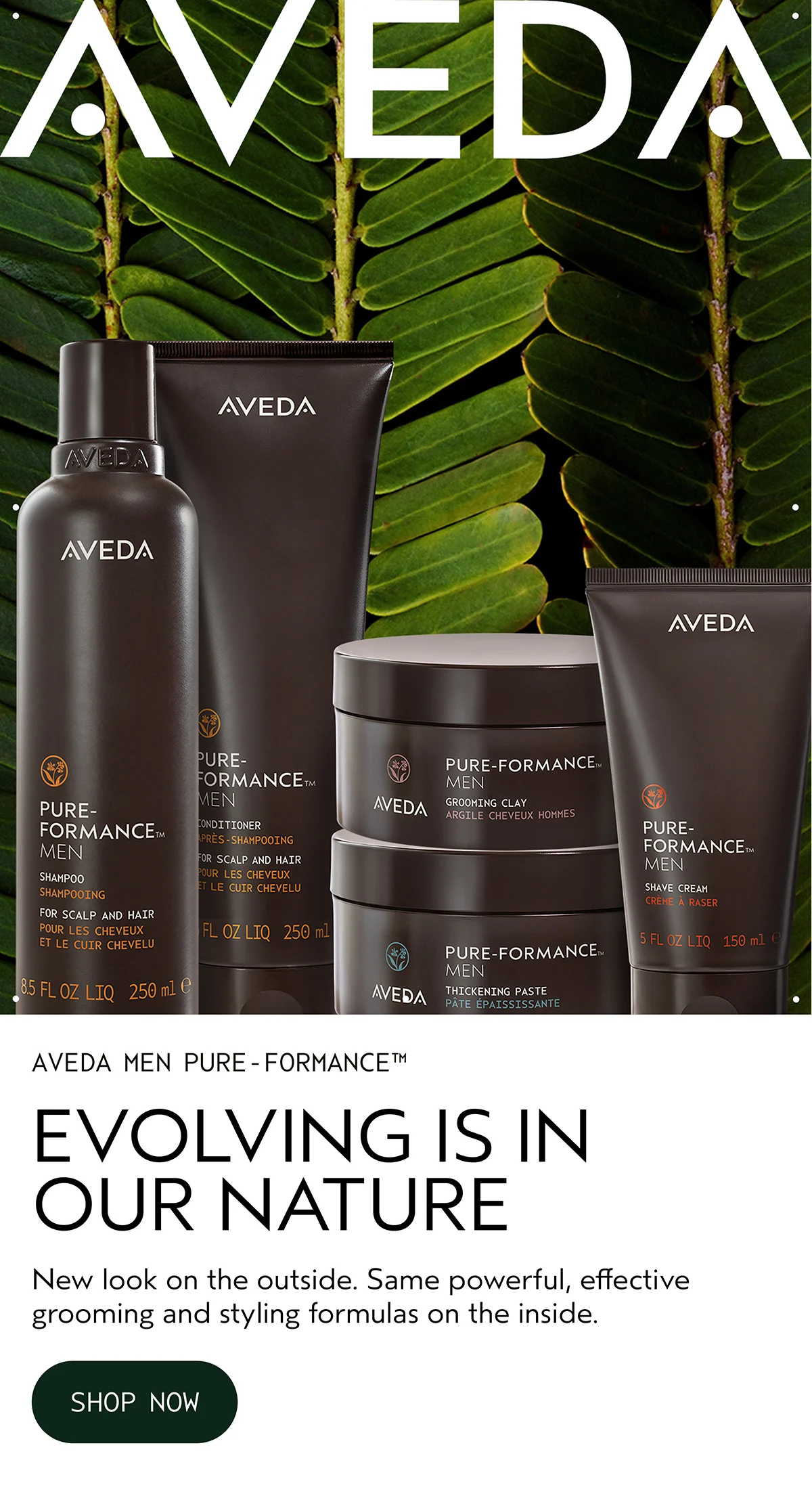 AVEDA | AVEDA MEN PURE-FORMANCE™ | EVOLVING IS IN OUR NATURE | New look on the outside. Same powerful, effective grooming and styling formulas on the inside. | SHOP NOW
